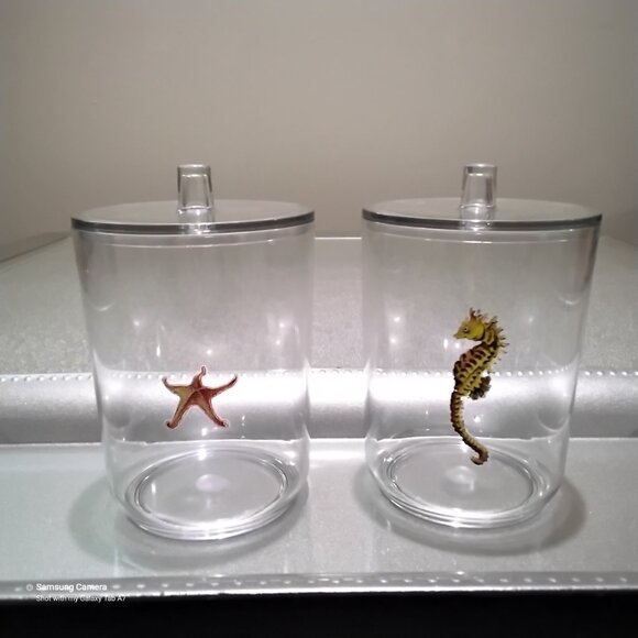 Bathroom Vanity Mattt Silver Tray, 2 Ocean Themed Q-Tip, Cotton Ball Containers - Picture 8 of 8